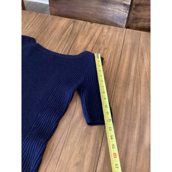 Theory Navy Knit ribbed wool short sleeve preppy minimalist mini dress S - Picture 3 of 10